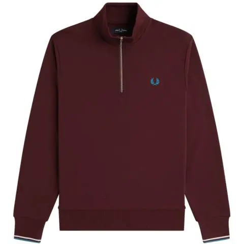 Fred Perry Half Zip Sweatshirt in Oxblood / Ecru / Court Blu